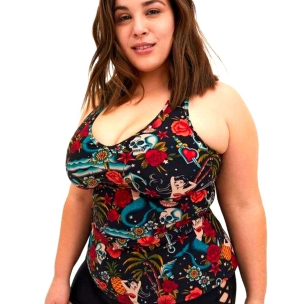 Torrid Mermaid Skull Tattoo Print Tankini Swim Top Racerback Black Multi Size 2